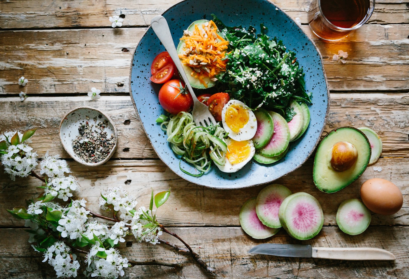 Fresh colorful vegetables and healthy ingredients on a table